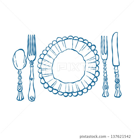 Vintage dinnerware set. Coastal table setting. Pearl decor. Top view of a plate, spoon, forks, and knife on the table. Hand-drawn vector outline illustration in blue. Vintage dinnerware set. Coastal table setting. Pearl decor. Top view of a plate, spoon, forks, and knife on the table. Hand-drawn vector outline illustration in blue. 137621542