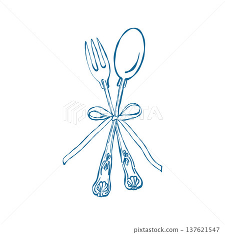 Vintage spoon and fork tied with a bow. Retro cutlery. Vector outline illustration in blue. 137621547