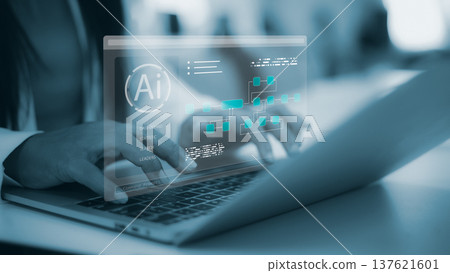 Businessman touching virtual screen with AI Agent icon and complex autonomous workflow diagrams. Concept of artificial intelligence automation, smart robot assistant, and futuristic business process. Businessman touching virtual screen with AI Agent icon and complex autonomous workflow diagrams. Concept of artificial intelligence automation, smart robot assistant, and futuristic business process. 137621601