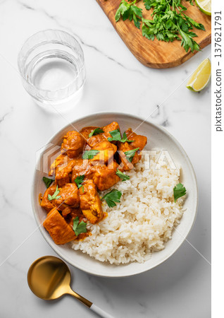 Chicken tikka masala curry with rice on marble background 137621791