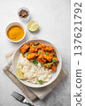 Chicken tikka masala curry with rice on light concrete background 137621792