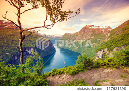 View of the Geiranger fjord from Ornesvingen Viewpoint. Beautiful nature of Norway 137621898