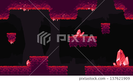 Retro pixel crystal cave platform game background Retro pixel crystal cave platform game background 137621909