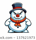 A cartoon snowman with a blue top hat, a red scarf, and an angry expression. 137621973