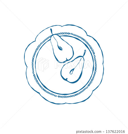 Pear On A Plate. Line Vector Illustration. Pear Fruit Outline 137622016
