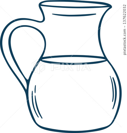 Jug of milk, simple vector icon in doodle sketch style with Mediterranean blue line. Hand-drawn ceramic or glass pitcher for farmhouse branding or cafe menus Jug of milk, simple vector icon in doodle sketch style with Mediterranean blue line. Hand-drawn ceramic or glass pitcher for farmhouse branding or cafe menus 137622032