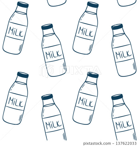 Milk bottle, simple vector pattern in doodle sketch style with Mediterranean blue line. Hand-drawn repeating dairy motif for wallpaper, packaging or kitchen textiles 137622033