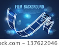 Vector cinema banner with curved filmstrip and flashing lights on blue background. Film background 137622046