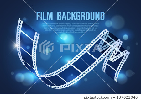 Vector cinema banner with curved filmstrip and flashing lights on blue background. Film background Vector cinema banner with curved filmstrip and flashing lights on blue background. Film background 137622046