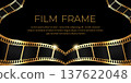 Shiny film frame banner with curved golden filmstrip on black background. Vector illustration 137622048