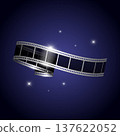 Shiny folded silver filmstrip tape on dark transparent background with sparkling stars. Movie film ribbon. Vector illustration 137622052