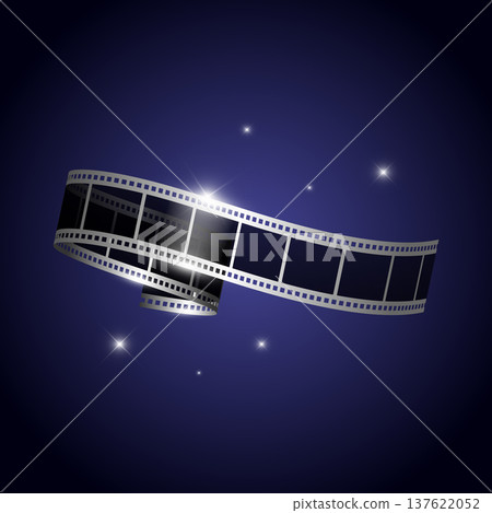 Shiny folded silver filmstrip tape on dark transparent background with sparkling stars. Movie film ribbon. Vector illustration Shiny folded silver filmstrip tape on dark transparent background with sparkling stars. Movie film ribbon. Vector illustration 137622052