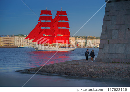 Saint Petersburg, Russia - June 01 2021, a view of ship Russia with scarlet sails sailing out from behind the walls of Peter and Paul Fortress, Neva river, at white nights, St Petersburg, Russia Saint Petersburg, Russia - June 01 2021, a view of ship Russia with scarlet sails sailing out from behind the walls of Peter and Paul Fortress, Neva river, at white nights, St Petersburg, Russia 137622116