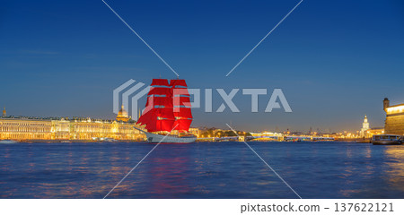 Saint Petersburg, Russia - June 01 2021, Panoramic view of the sailing ship Russia in the waters of the Neva River, white nights, in the background the landmark of St. Petersburg, Russia Saint Petersburg, Russia - June 01 2021, Panoramic view of the sailing ship Russia in the waters of the Neva River, white nights, in the background the landmark of St. Petersburg, Russia 137622121