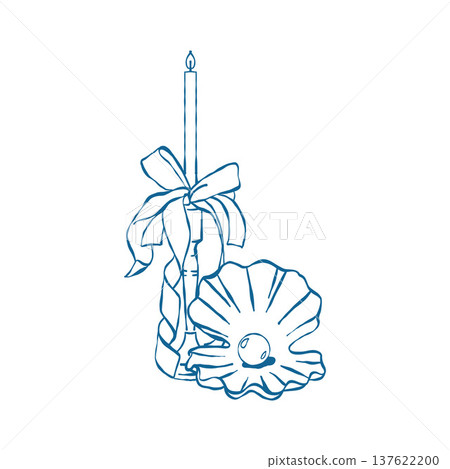 An illustration of a vintage candle with a bow and an open shell with a pearl inside. Retro composition for weddings and celebrations in a coastal style. Vector outline clip art in blue An illustration of a vintage candle with a bow and an open shell with a pearl inside. Retro composition for weddings and celebrations in a coastal style. Vector outline clip art in blue 137622200