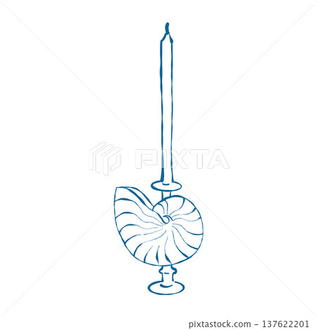 Illustration of a vintage candle on a seashell stand. Sketch for coastal-themed weddings and celebrations. Vector outline clip art in blue. 137622201