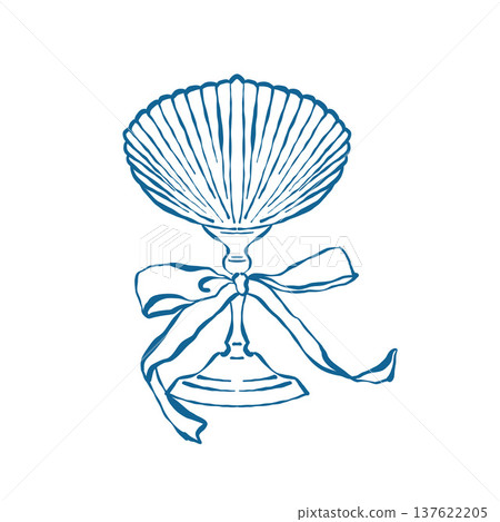 An outline illustration of a wine glass shaped like a seashell. A festive wine glass with a bow. Vintage-style clipart in blue. Vector illustration for weddings, birthdays, and parties with a nautical 137622205