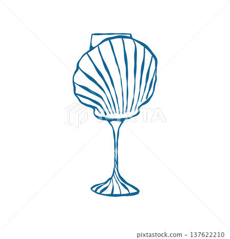 Outline illustration of a wine glass shaped like a seashell. Vintage-style clipart in blue. Vector illustration for weddings, birthdays, and parties with a nautical theme. Coastal clip art. Outline illustration of a wine glass shaped like a seashell. Vintage-style clipart in blue. Vector illustration for weddings, birthdays, and parties with a nautical theme. Coastal clip art. 137622210