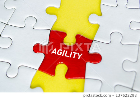 AGILITY, Red agility puzzle piece aligned vertically with a yellow connecting piece on a white jigsaw puzzle background. AGILITY, Red agility puzzle piece aligned vertically with a yellow connecting piece on a white jigsaw puzzle background. 137622298