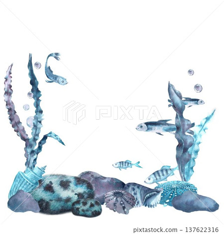 A square composition of blue, gray, and silver seaweed with leaves, shells, sea urchins, fish, and bubbles, hand-drawn in watercolor on an isolated background. Simple clip art of underwater objects. A square composition of blue, gray, and silver seaweed with leaves, shells, sea urchins, fish, and bubbles, hand-drawn in watercolor on an isolated background. Simple clip art of underwater objects. 137622316