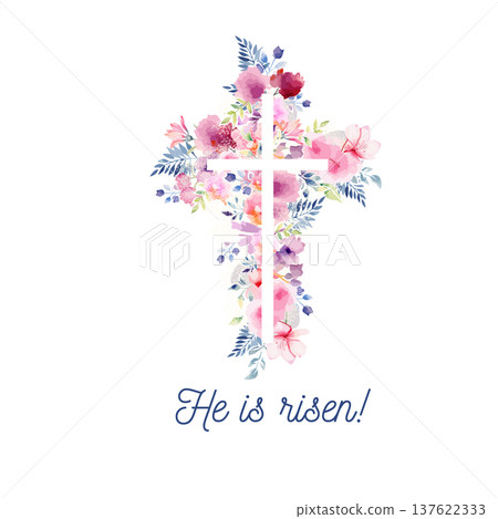 Religious cross with watercolor flowers flowers . Hand drawn. Not AI, vector illustration. He is risen Hand drawn. Not AI, vector illustration Religious cross with watercolor flowers flowers . Hand drawn. Not AI, vector illustration. He is risen Hand drawn. Not AI, vector illustration 137622333