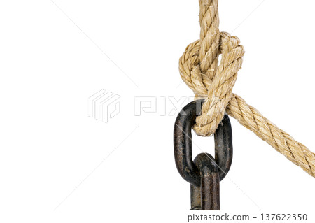 Detailed Close-Up of a Natural Rope Knot and Metal Chain Isolated on White 137622350