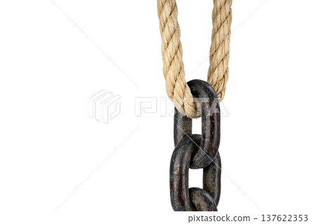 Industrial-Style Metal Chain and Natural Rope Isolated on White Industrial-Style Metal Chain and Natural Rope Isolated on White 137622353