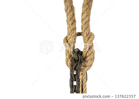 Strong Natural Fiber Rope Knot with Metal Chain Isolated on White 137622357