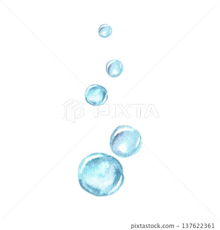 Transparent blue soap bubbles hand-drawn with watercolors on an isolated background. Simple bubble clip art for bathroom design, aquarium, and underwater world elements. 137622361