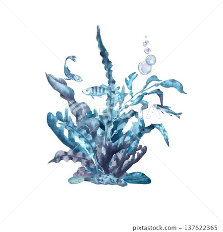 A composition of blue, gray, and silver algae with leaves on rocks with fish and bubbles, hand-drawn in watercolor on an isolated background. Simple clip art of underwater elements for design. 137622365