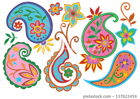Set of oriental paisley ornaments. colorful vector patterns 137622459