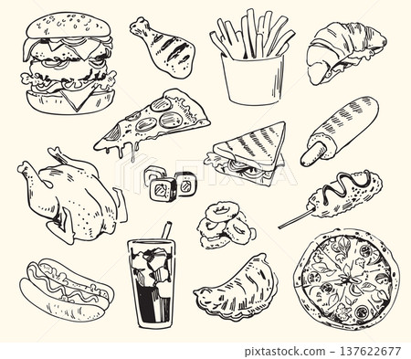 Hand drawn monochrome set of popular fast food and drinks in doodle line art style Hand drawn monochrome set of popular fast food and drinks in doodle line art style 137622677