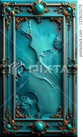 Ornate Turquoise and Gold Frame with Abstract Textured Centerpiece Decoration 137623278