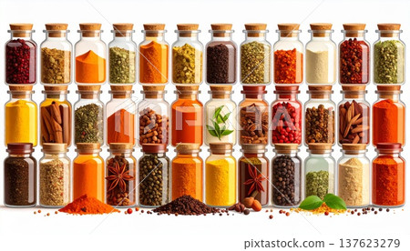 Assortment of Spices in Glass Jars on White Background Food Photography 137623279
