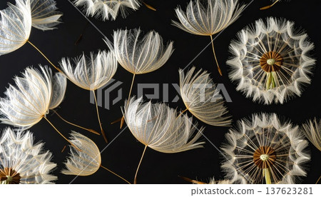 Dandelion Seeds Floating in Air with Black Background Top View 137623281