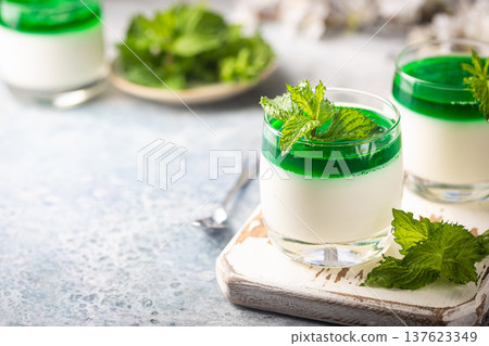Panna Cotta with mint sauce 137623349