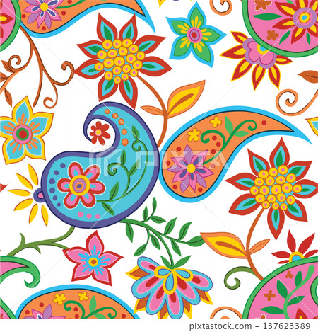 Seamless print of oriental floral and paisley ornaments. colorful vector pattern Seamless print of oriental floral and paisley ornaments. colorful vector pattern 137623389