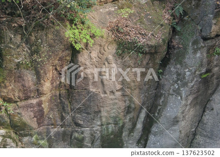 雕刻在森林岩石上的古代佛像 雕刻在森林岩石上的古代佛像 137623502