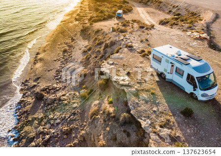Rv caravan on spanish rocky coast. Aerial view 137623654