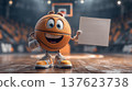 Joyful animated basketball character holding a blank sign on court 137623738
