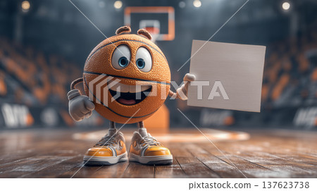 Joyful animated basketball character holding a blank sign on court Joyful animated basketball character holding a blank sign on court 137623738