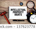 Intellectual Property Rights message written on notepad with alarm clock, wood gavel and magnifying glass flat lay on wooden background 137623778