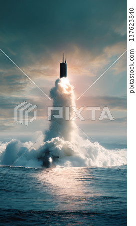 ICBM rising majestically from ocean depths under a dusky sky ICBM rising majestically from ocean depths under a dusky sky 137623840