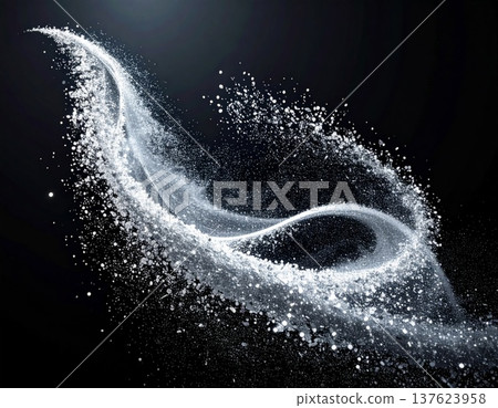Dynamic White Fluid Swirl with Glittering Particles on a Black Background 137623958