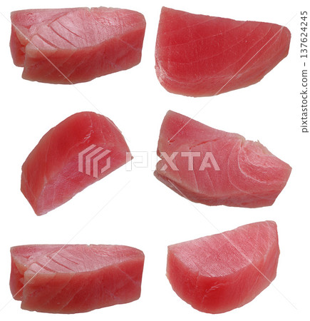 Various raw pieces of tuna on isolated background, steak Various raw pieces of tuna on isolated background, steak 137624245