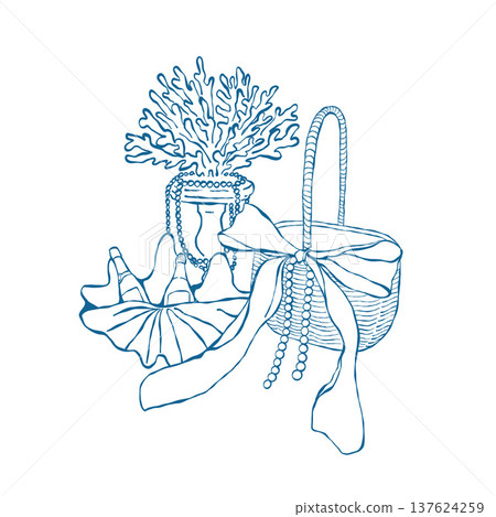 Illustration of a coastal holiday picnic. Beach party. Basket, shell with a bottle of wine, vase with coral and pearls. Vector outline clip art for moss-themed weddings and parties Illustration of a coastal holiday picnic. Beach party. Basket, shell with a bottle of wine, vase with coral and pearls. Vector outline clip art for moss-themed weddings and parties 137624259