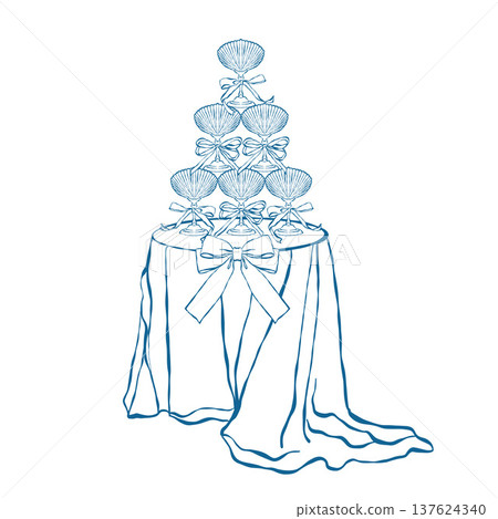 An elegantly set retro table with seashell-shaped wine glasses. A cascade of glasses with bows. Vintage illustration for a coastal-style holiday or wedding. Romantic dinner. Blue vector outline 137624340