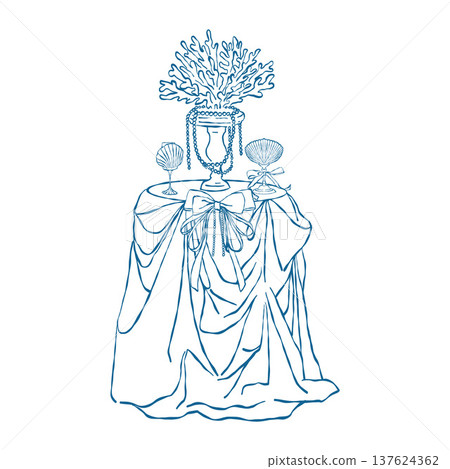 An elegant table setting in a coastal nautical style with seashell-shaped wine glasses and a vase of coral and pearls. Vintage coastal wedding illustration. Romantic dinner. Blue vector outline 137624362