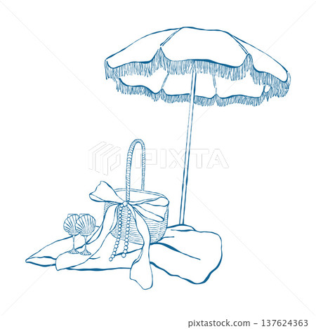 Beach umbrella, basket, and glasses with drinks. Vintage illustration for a beach party or coastal wedding. Vector outline clip art in blue 137624363
