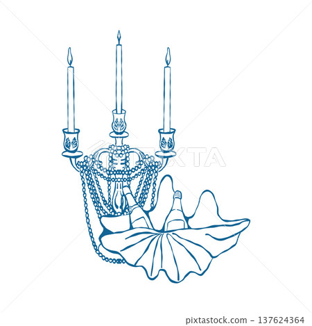 An illustration of a vintage candelabra with pearl beads and candles, and a seashell with a bottle of wine. A retro composition for coastal-style weddings and celebrations. Blue vector outline clip 137624364